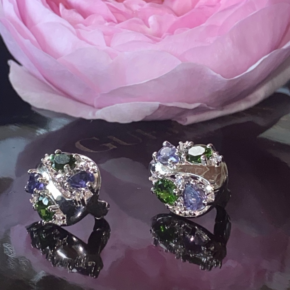 Beautiful Genuine Iolite, Chrome Diopside, CZ earrings